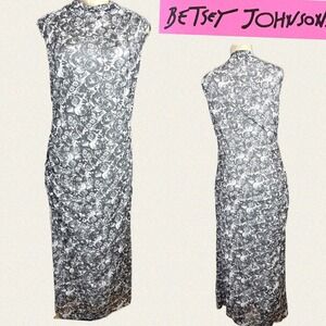 Betsey Johnson XXL Black Mesh Rose Print Fitted Sleeveless Mock Neck Midi Dress